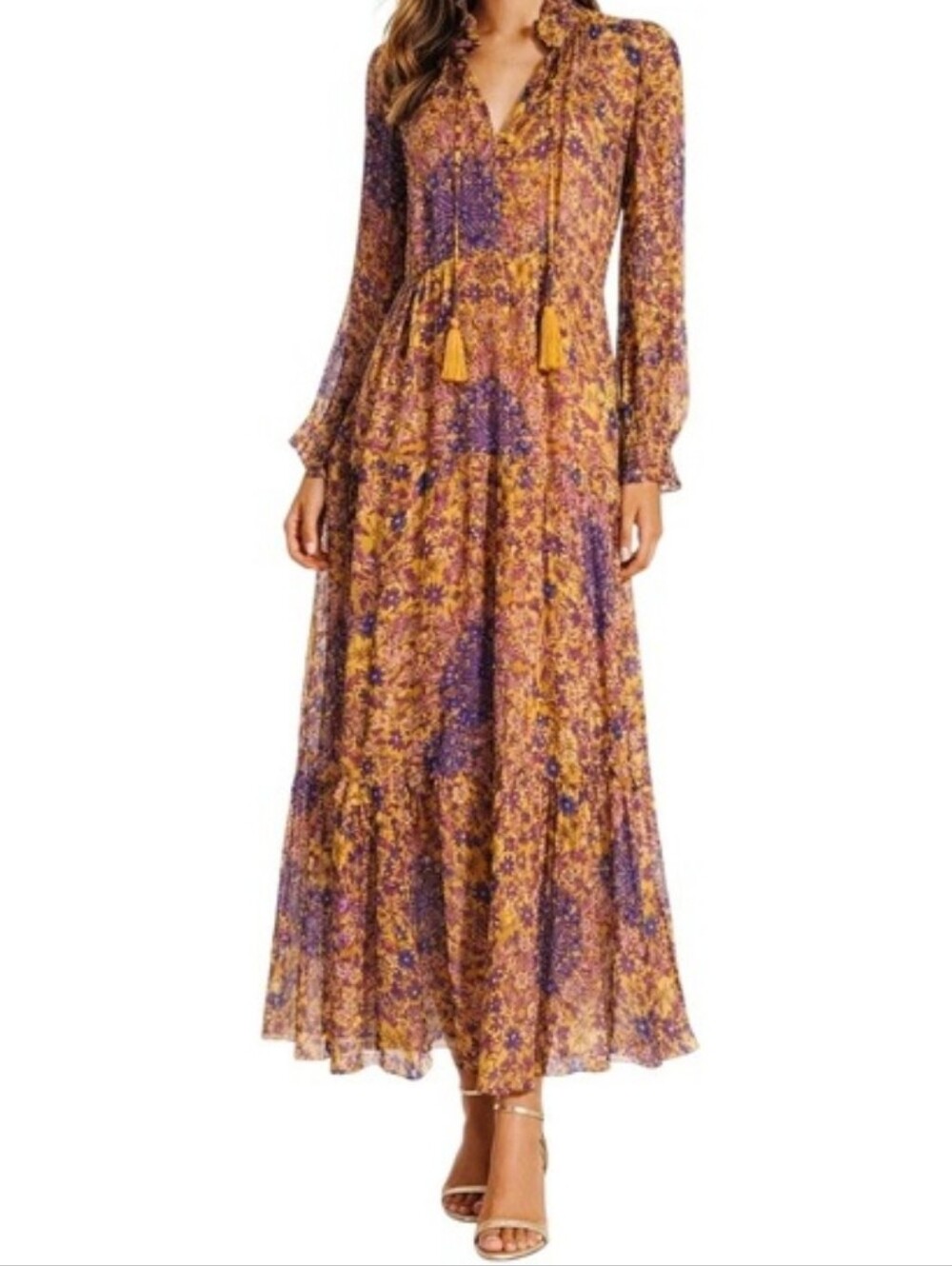 Anthropologie Mustard Yellow/Lavender Floral Tiered Maxi Dress. Size Medium NWT - Picture 4 of 15